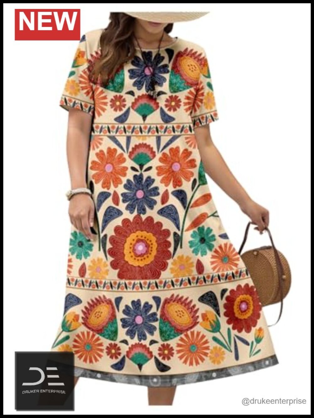 Plus Size Tropical Midi Dress Short Sleeve Crew Neck Vacation